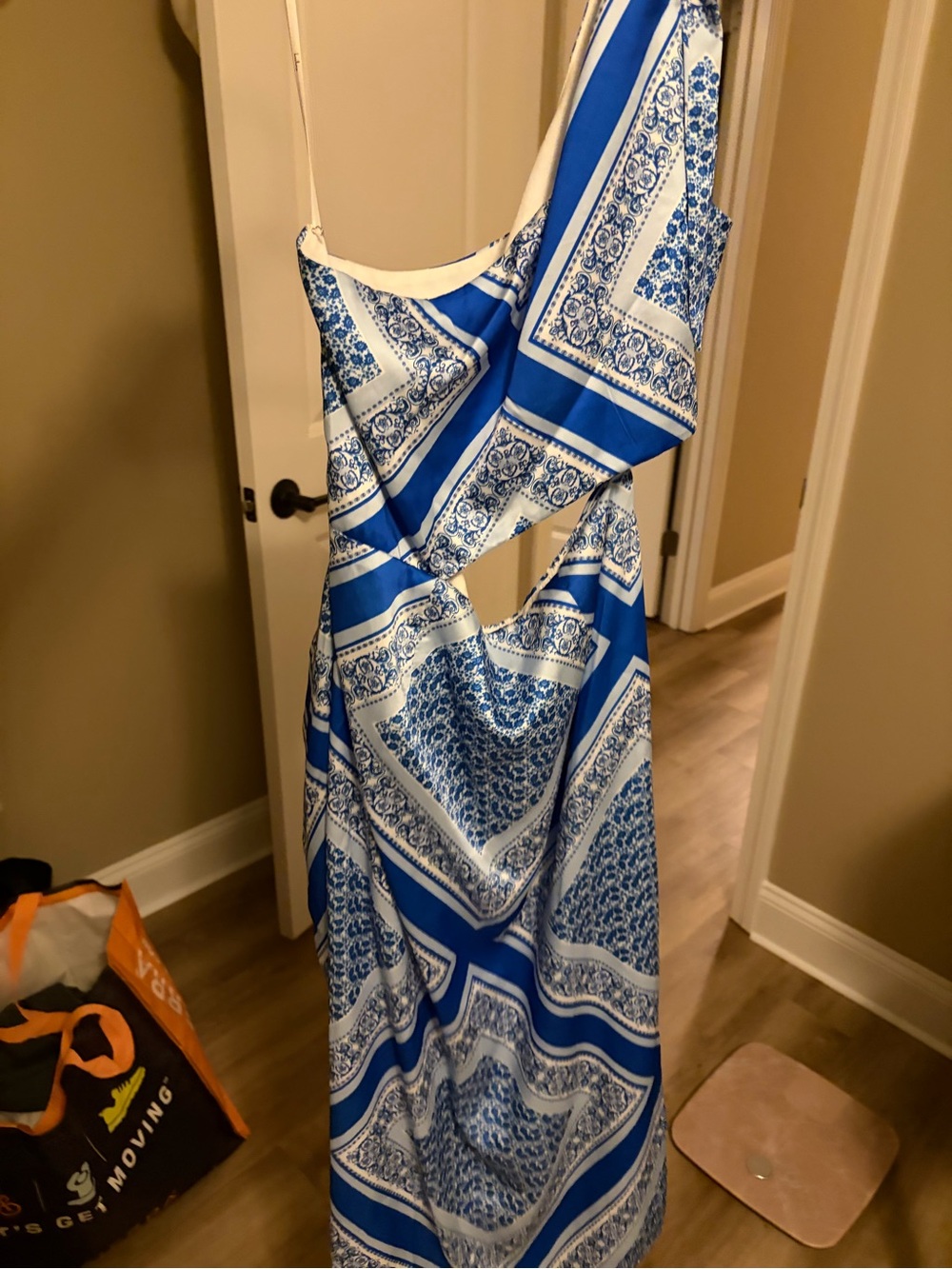 Lulu's Blue and White Asymmetrical Cutout Maxi Dress